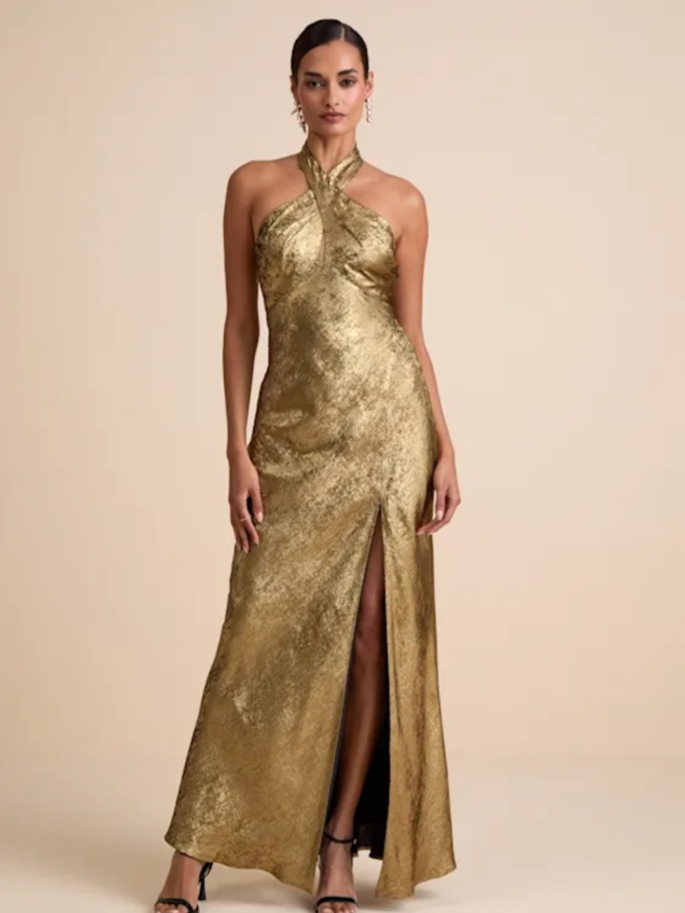 Knoxley Shiny Gold Lurex Cross-Front Halter Maxi Dress Lulus